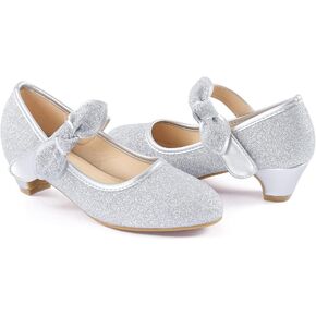 ADAMUMU Girls Dress Shoes Princess High Heel Mary Jane Glitter Shoes in Wedding Party for Toddler Little Big Girl with Bowknot Flower Velcro