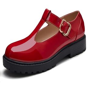 Coutgo Girls T-Strap Mary Jane Shoes Chunky Low Heel Platform Velcro Closed Toe School Uniform Dress Shoes