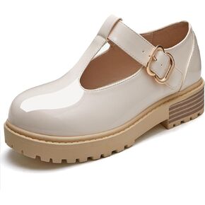 Coutgo Girls T-Strap Mary Jane Shoes Chunky Low Heel Platform Velcro Closed Toe School Uniform Dress Shoes