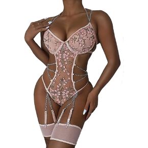 4UFIT Women's Floral Embroidered Lingerie Set Lace Strap Chain Babydoll Bodysuit with Garter Belts