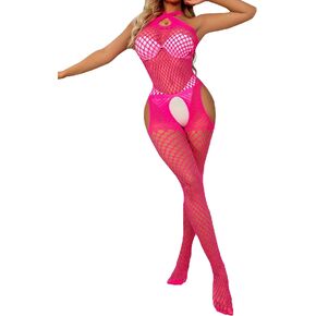 SEXYTINE Sexy Fishnet Lingerie Set for Women Sparkle Rhinestone Halter Neck Deep V Mini Dress Mesh Bodysuit