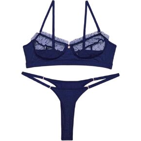 Kaei&Shi Sexy Lingerie for Women,Ruffle 2 Piece Lace Lingerie Set,Underwire Ribbed Bra and Panty Sets Valentine
