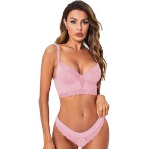 WDIRARA Women's Floral Lace Mesh Bow Scallop Trim Underwire Lingerie Set in Kuwait