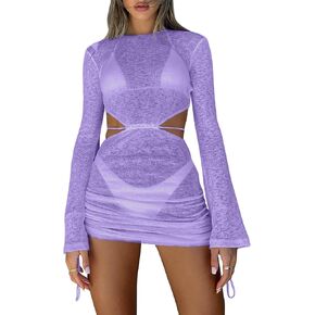 Kaximil Women's Swimsuit Coverup Long Sleeve Sexy Beach Cover Ups Mini Dress Swimwear