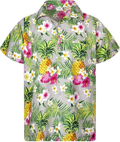KING KAMEHA Funky Casual Hawaiian Shirt for Kids Boys and Girls Front Pocket Shortsleeve Unisex Pineapple Flowers Print in Kuwait
