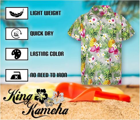 KING KAMEHA Funky Casual Hawaiian Shirt for Kids Boys and Girls Front Pocket Shortsleeve Unisex Pineapple Flowers Print in Kuwait