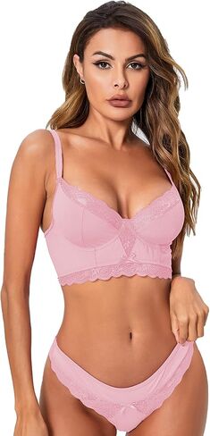 طقم ملابس داخلية نسائية من WDIRARA مزين بالدانتيل الشبكي مزين بفيونكة على شكل صدفة وسلك داخلي in Kuwait