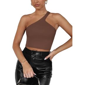 REORIA Women’s Sexy One Shoulder Double Lined Seamless Backless Sleeveless Going Out Trendy Crop Tank Tops