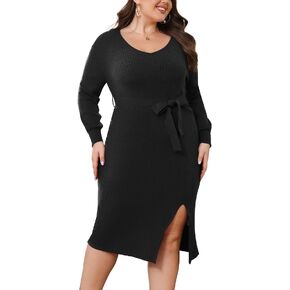 KIMCURVY Plus Size Sweater Dress for Women Long Sleeve V Neck Bodycon Slit Midi Pullover Sweater Dress with Belt in Kuwait
