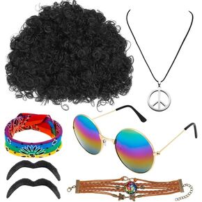 DragonflyDreams مجموعة أزياء الهبي 7 قطع، نظارات شمسية هيبي، قلادة علامة السلام وربطة عنق مصبوغة عصابة رأس هيبي سوار شارب لـ 50/60/70 ثانية زي إكسسوارات حفلات الديسكو in Kuwait