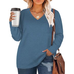 DOLNINE Plus-Size-Womens-Tops Long Sleeve V Neck T Shirts Casual Tunics with Pocket