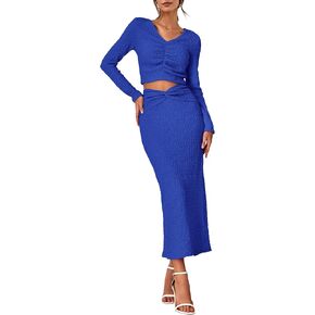 BTFBM Women's 2 Piece Fall Outfits V Neck Crop Tops Causal Long Sleeve Ruched Dress Split Bodycon Midi Skirt Dress Set in Saudi Arabia