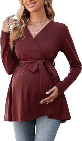 OUGES Women's Maternity Tunics Tops Shirts Long/Short Sleeve Wrap V Neck Nursing Maternity Clothes Casual Pregnancy Blouse in Saudi Arabia