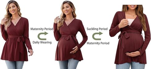 OUGES Women's Maternity Tunics Tops Shirts Long/Short Sleeve Wrap V Neck Nursing Maternity Clothes Casual Pregnancy Blouse in Saudi Arabia