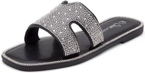 Herstyle Showstopper Womens Flat Sandals Fashion Rhinestone Slides Black Gold Silver Dressy Flat Sandals Open Toe Slip on Slippers Casual Bling Sandal for Summer in Saudi Arabia