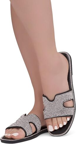 Herstyle Showstopper Womens Flat Sandals Fashion Rhinestone Slides Black Gold Silver Dressy Flat Sandals Open Toe Slip on Slippers Casual Bling Sandal for Summer in Saudi Arabia