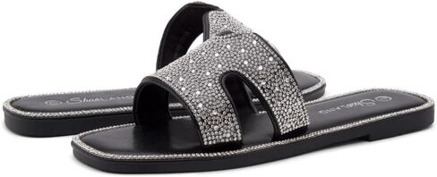 Herstyle Showstopper Womens Flat Sandals Fashion Rhinestone Slides Black Gold Silver Dressy Flat Sandals Open Toe Slip on Slippers Casual Bling Sandal for Summer in Saudi Arabia