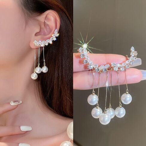 WZNBBOY كريستال اللؤلؤ شرابة الأقراط الأذن الأصفاد الذهب طويل اللؤلؤ قطرة تتدلى الأقراط أحجار الراين تشيكوسلوفاكيا 925 الفضة سترة الأقراط الزاحف متسلق الأذن التفاف حفلة موسيقية الكرة الأذن مجوهرات للنساء الفتيات in Kuwait