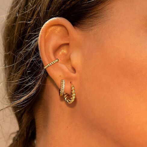 GUEMER Dainty Gold Ear Cuff Earrings 14K Gold Plated Simple Non Pierced Tiny Ear Cuffs Huggie No Piercing Hoops Ear Cubic Zirconia Cartilage Ear Clip on Wrap Adjustable Fake Earrings in Kuwait