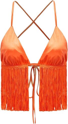 Verdusa Women's Crisscross Tie Backless Fringe Hem Sleeveless Satin Crop Cami Top in Kuwait