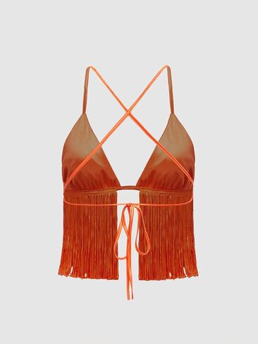 Verdusa Women's Crisscross Tie Backless Fringe Hem Sleeveless Satin Crop Cami Top in Kuwait