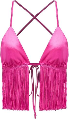 Verdusa Women's Crisscross Tie Backless Fringe Hem Sleeveless Satin Crop Cami Top in Kuwait