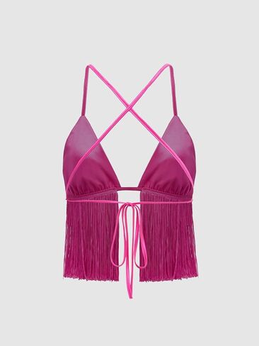 Verdusa Women's Crisscross Tie Backless Fringe Hem Sleeveless Satin Crop Cami Top in Kuwait