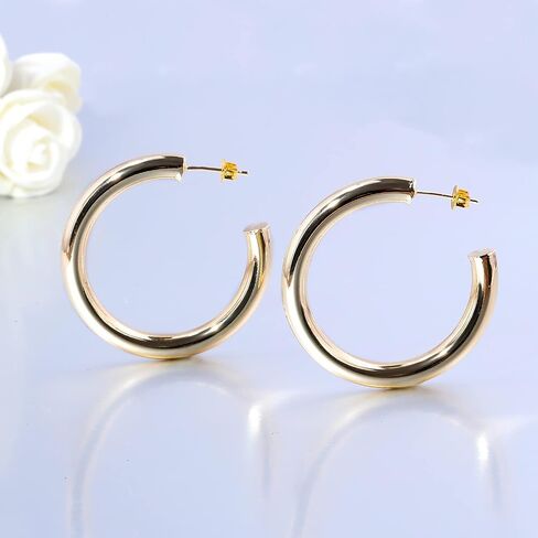 CiNily Womens Chunky Gold Hoop Earrings 14K Gold Plated Lightweight Hypoallergenic Open Thick Gold Hoops Earrings for Sensitive Ears in Kuwait