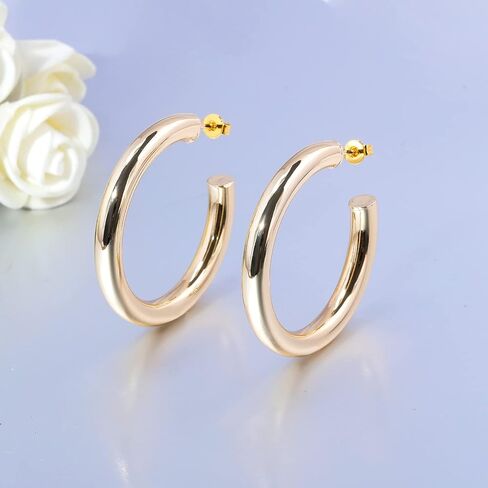 CiNily Womens Chunky Gold Hoop Earrings 14K Gold Plated Lightweight Hypoallergenic Open Thick Gold Hoops Earrings for Sensitive Ears in Kuwait