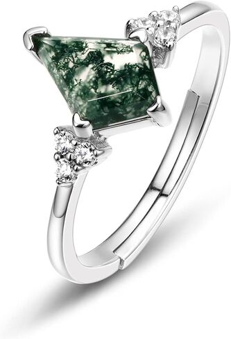 WES Ring for women, Natural Kite Cut Moss Agate 925 Sterling Silver Open Rings For Women Green Gems Engagement Wedding Jewelry Gift in Saudi Arabia