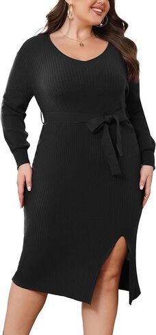 KIMCURVY Plus Size Sweater Dress for Women Long Sleeve V Neck Bodycon Slit Midi Pullover Sweater Dress with Belt in Kuwait