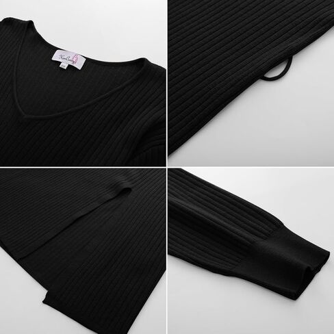 KIMCURVY Plus Size Sweater Dress for Women Long Sleeve V Neck Bodycon Slit Midi Pullover Sweater Dress with Belt in Kuwait