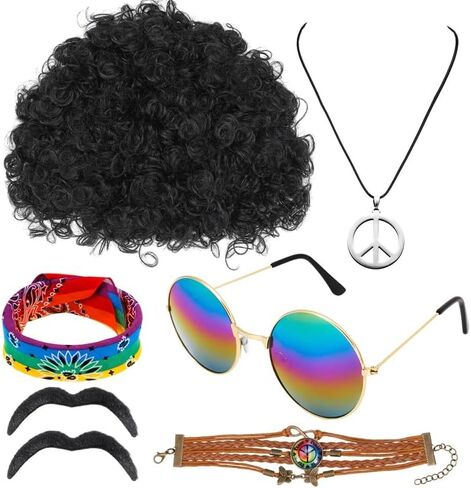 DragonflyDreams مجموعة أزياء الهبي 7 قطع، نظارات شمسية هيبي، قلادة علامة السلام وربطة عنق مصبوغة عصابة رأس هيبي سوار شارب لـ 50/60/70 ثانية زي إكسسوارات حفلات الديسكو in Kuwait