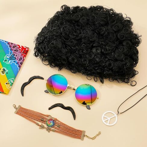 DragonflyDreams مجموعة أزياء الهبي 7 قطع، نظارات شمسية هيبي، قلادة علامة السلام وربطة عنق مصبوغة عصابة رأس هيبي سوار شارب لـ 50/60/70 ثانية زي إكسسوارات حفلات الديسكو in Kuwait