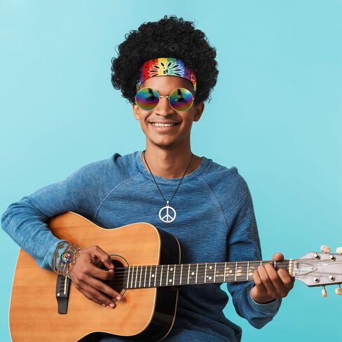 DragonflyDreams مجموعة أزياء الهبي 7 قطع، نظارات شمسية هيبي، قلادة علامة السلام وربطة عنق مصبوغة عصابة رأس هيبي سوار شارب لـ 50/60/70 ثانية زي إكسسوارات حفلات الديسكو in Kuwait