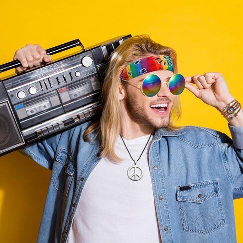 DragonflyDreams مجموعة أزياء الهبي 7 قطع، نظارات شمسية هيبي، قلادة علامة السلام وربطة عنق مصبوغة عصابة رأس هيبي سوار شارب لـ 50/60/70 ثانية زي إكسسوارات حفلات الديسكو in Kuwait