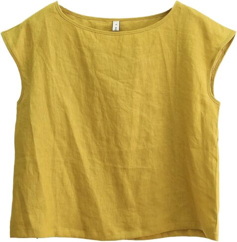 Amazhiyu Womens 100% Linen Casual Cap Sleeve Tops Basic Summer Loose Fit Blouse in Kuwait