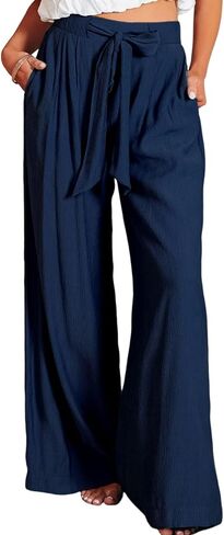 Dokotoo Casual Wide Leg Pants for Women Back Elastic Waist Tie Pants with Pockets in Saudi Arabia
