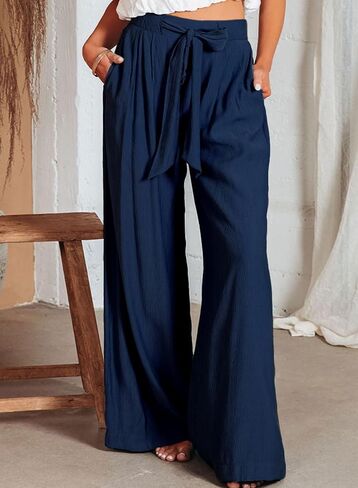 Dokotoo Casual Wide Leg Pants for Women Back Elastic Waist Tie Pants with Pockets in Saudi Arabia