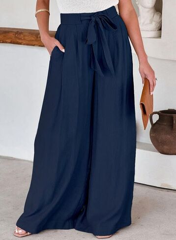 Dokotoo Casual Wide Leg Pants for Women Back Elastic Waist Tie Pants with Pockets in Saudi Arabia