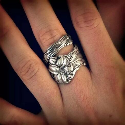 Zaoune 100% Apollo Vintage Spoon Rings for Women Lily Flower Open Adjustable Boho Floral Statement Jewelry, in Kuwait