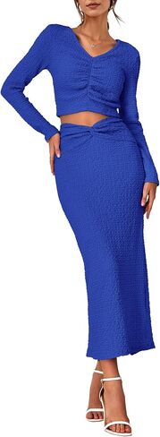BTFBM Women's 2 Piece Fall Outfits V Neck Crop Tops Causal Long Sleeve Ruched Dress Split Bodycon Midi Skirt Dress Set in Saudi Arabia