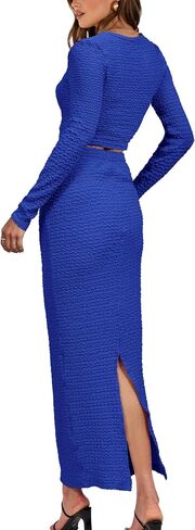BTFBM Women's 2 Piece Fall Outfits V Neck Crop Tops Causal Long Sleeve Ruched Dress Split Bodycon Midi Skirt Dress Set in Saudi Arabia