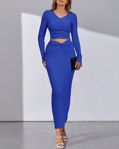 BTFBM Women's 2 Piece Fall Outfits V Neck Crop Tops Causal Long Sleeve Ruched Dress Split Bodycon Midi Skirt Dress Set in Saudi Arabia