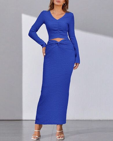 BTFBM Women's 2 Piece Fall Outfits V Neck Crop Tops Causal Long Sleeve Ruched Dress Split Bodycon Midi Skirt Dress Set in Saudi Arabia