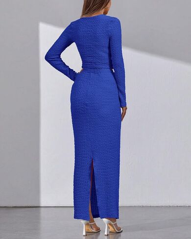 BTFBM Women's 2 Piece Fall Outfits V Neck Crop Tops Causal Long Sleeve Ruched Dress Split Bodycon Midi Skirt Dress Set in Saudi Arabia