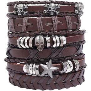 NIGHTCRUZ 6 Pcs Leather Braided Bracelet, Medieval Leather Cuff Wristband with Skull