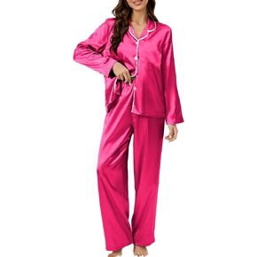 Verdusa Women's Satin Pajama Set Button Down Loungewear Long Sleeve Top and Pants