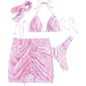 SOLY HUX Women's Printed Halter Triangle Bikini Bathing Suits with Cover Up 4 Piece Swimsuits in Saudi Arabia