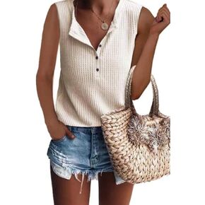 Famulily Women's Flowy Waffle Knit Tank Tops Loose Button Up V Neck Henley Shirts